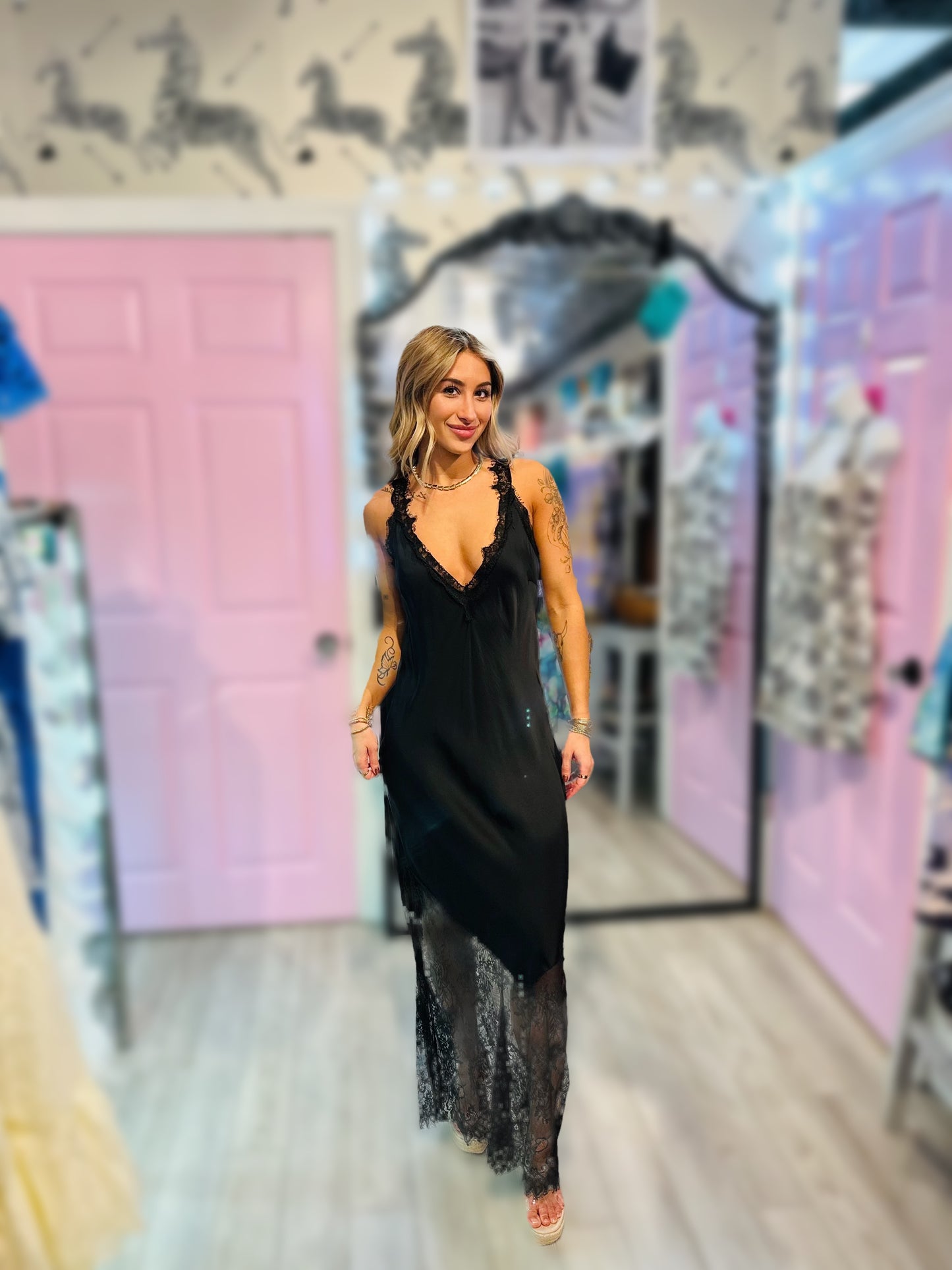 Blain black silk and lace slip dress