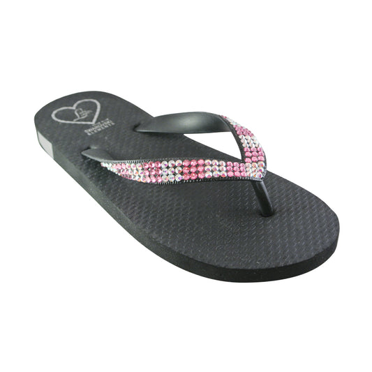 Flat Beach Sandal in Black with alternating clear and pink crystals
