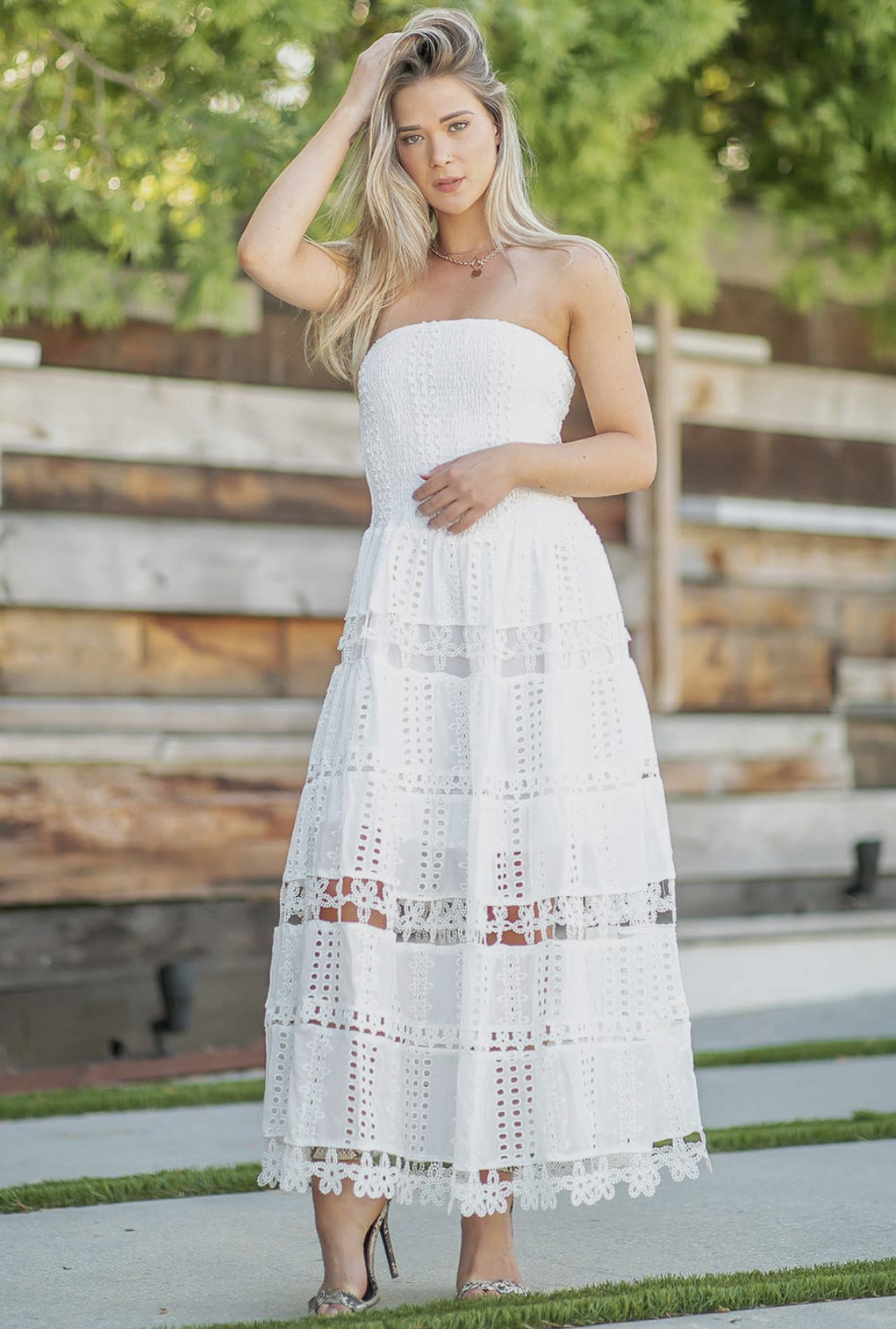 White Eyelet Strapless Maxi Dress