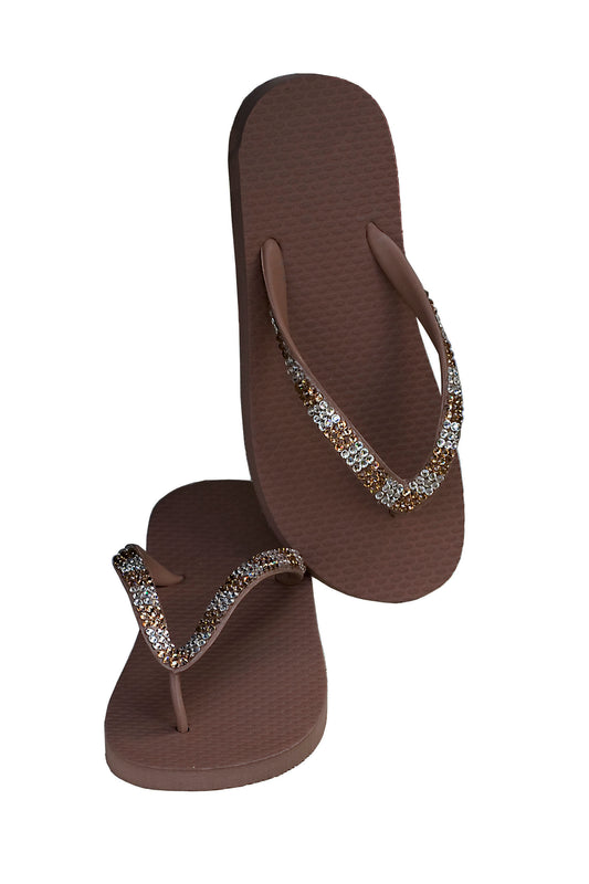 Flat Beach Sandal in Camel with silver and gold crystals