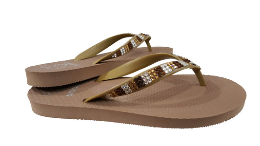 Flat Beach Sandal in Camel with light colorado, clear and smoke crystals