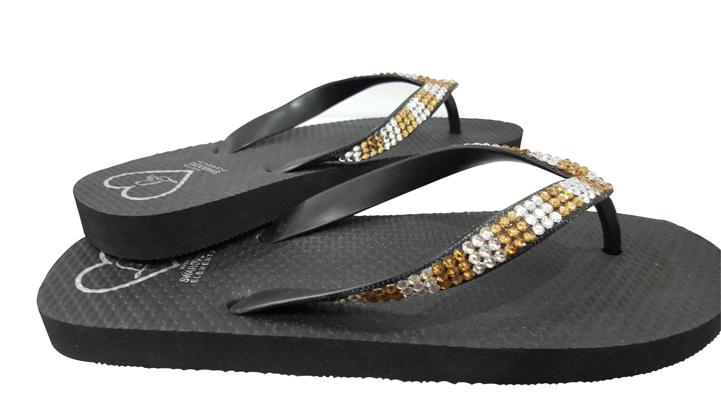 Flat Beach Sandal in Black with silver and gold crystals