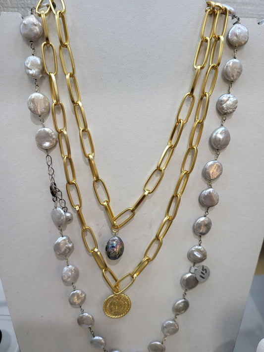 Double Strand Gold Tone Web Brushed Chain with Fresh Water Pearl