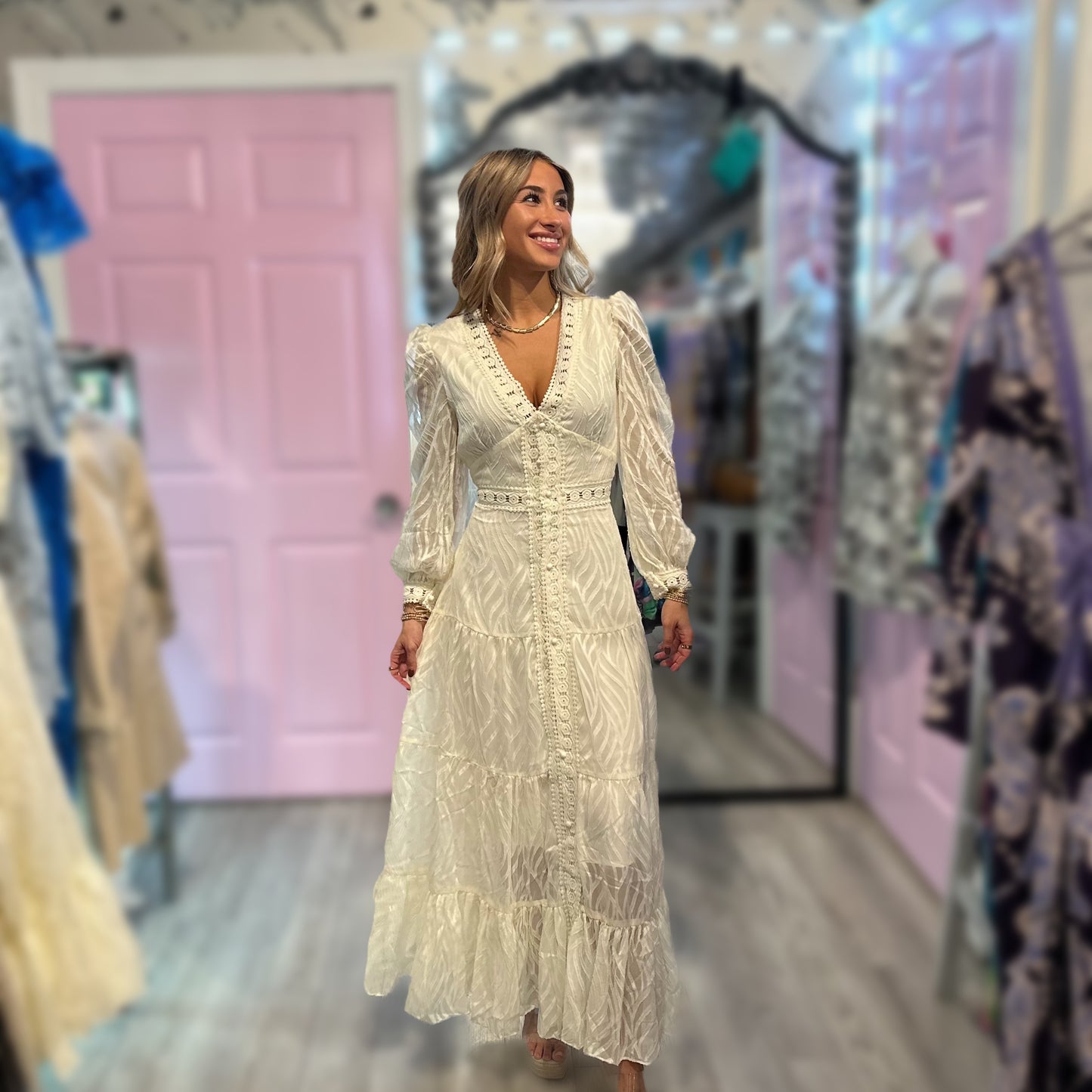 Lisa Lace button down sheer sleeve kind dress