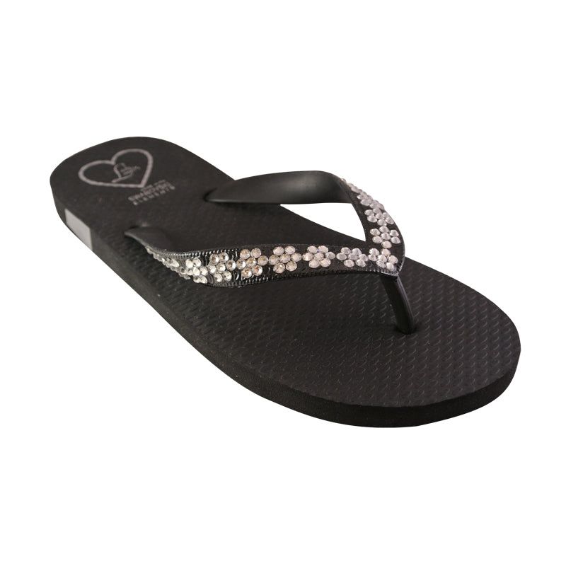 Flat Beach Sandal in Black with all clear flowers