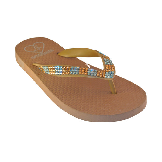 Flat Beach Sandal in Camel with light colorado and aqua crystals