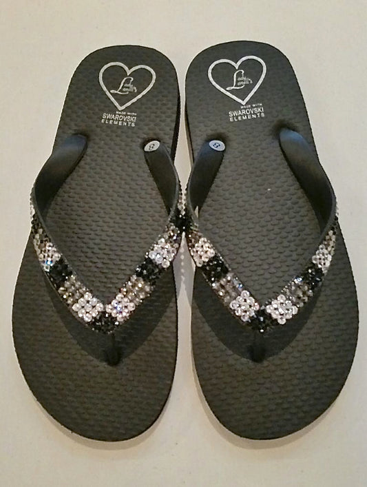 Flat Beach Sandal in Black with clear and jet crystals