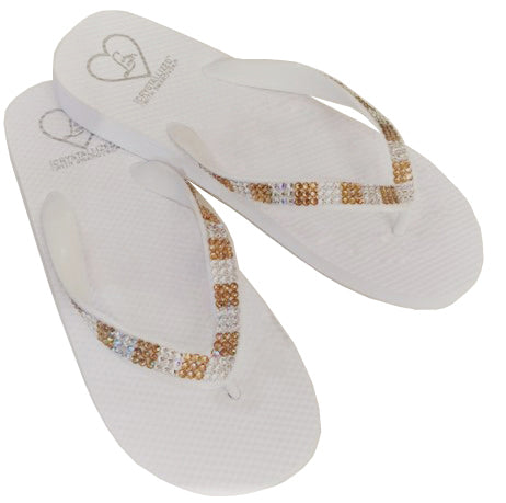 Flat Beach Sandal in White with silver and gold crystals