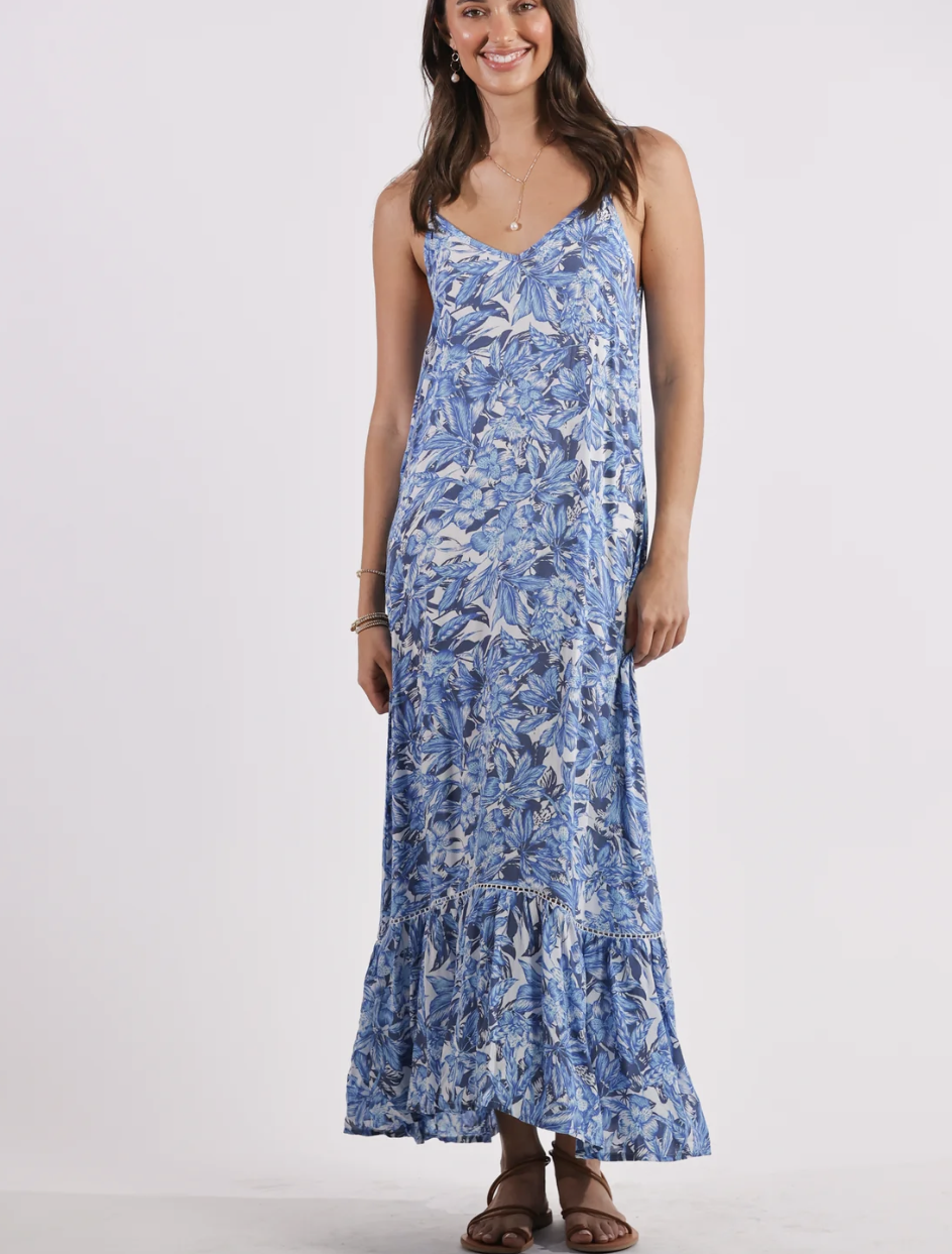 Day Trip Slip Maxi Dress in Blue Pattern